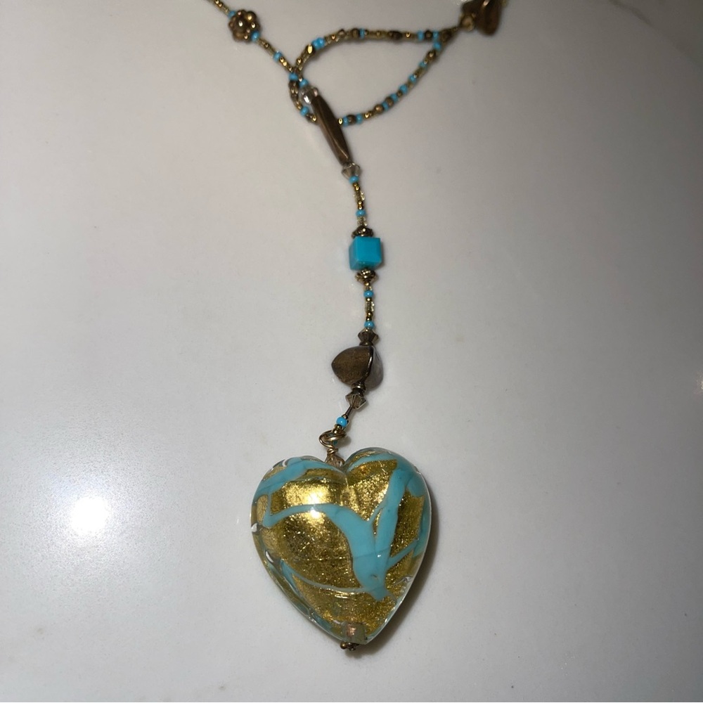 Handmade Gold & Turquoise Heart Pendant Necklace - Women's Jewelry - Picture 2 of 11
